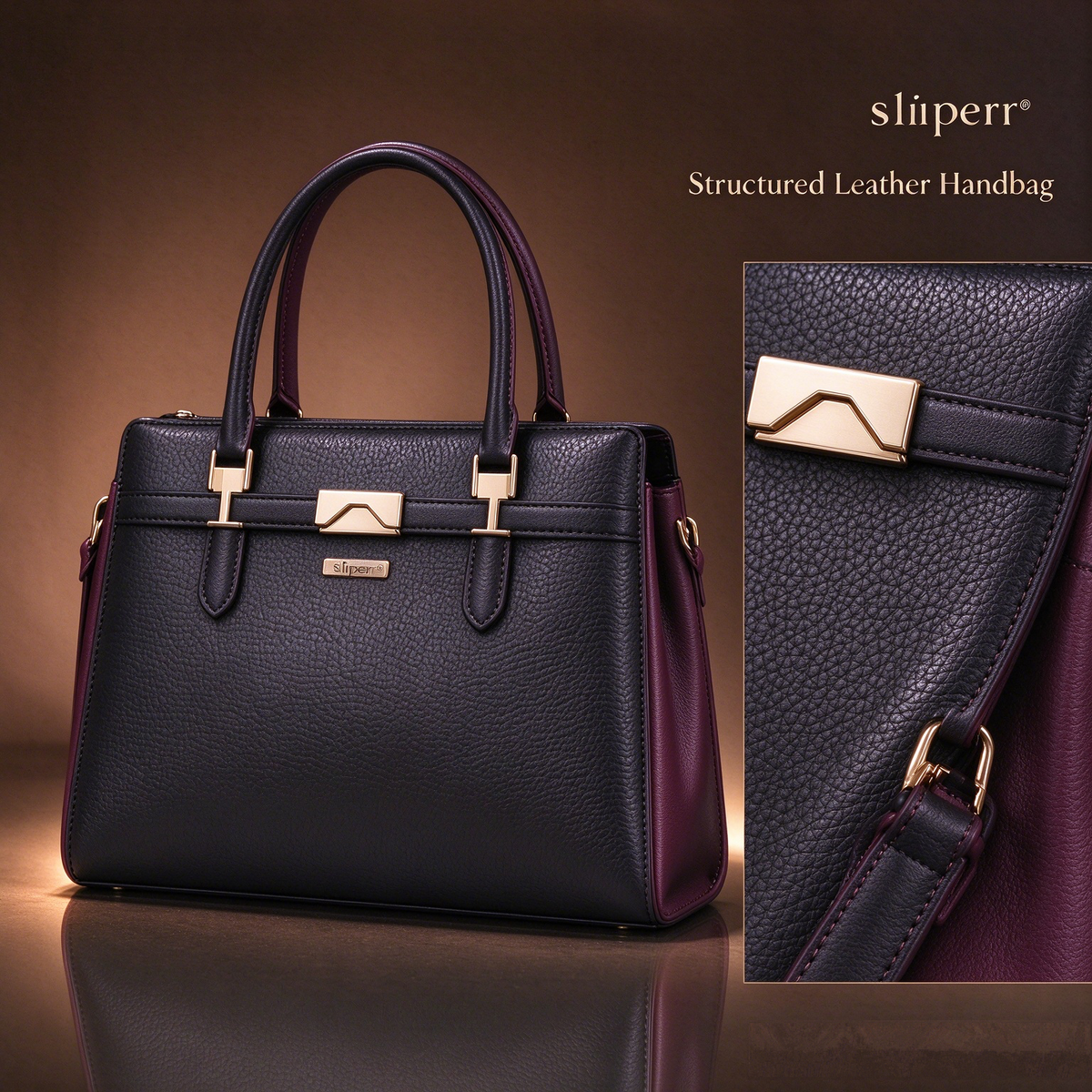 sliperr® Women's Black Leather Satchel Handbag, Elegant Top Handle Purse for Office and Formal Occasions