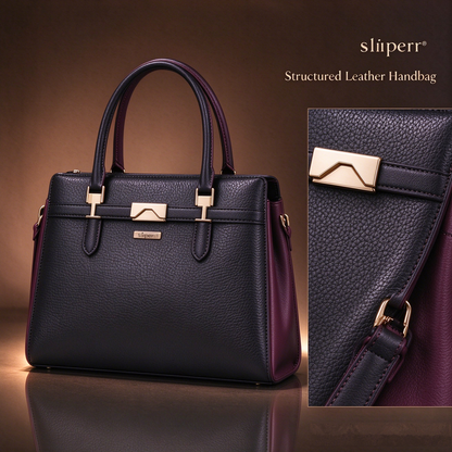 sliperr® Women's Black Leather Satchel Handbag, Elegant Top Handle Purse for Office and Formal Occasions