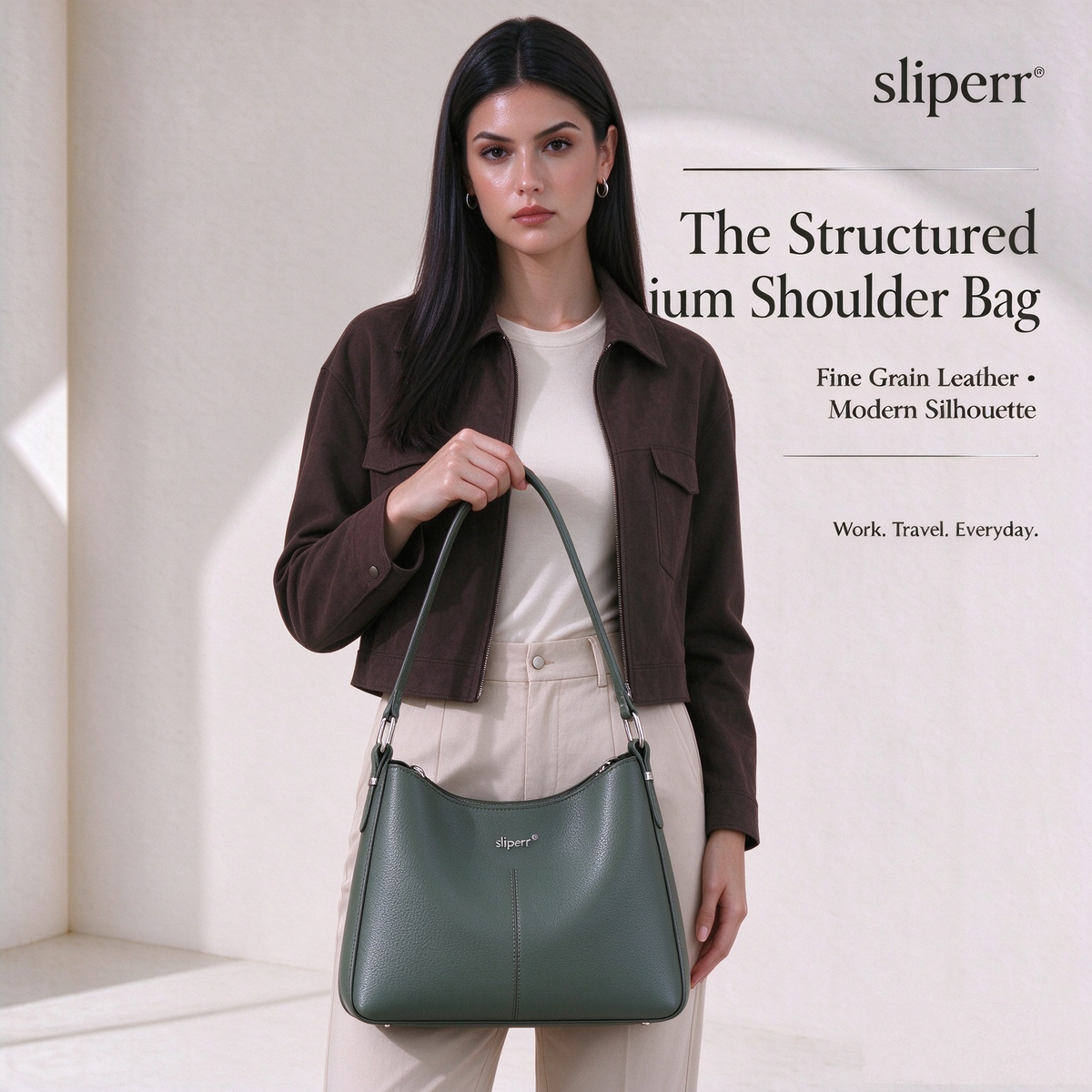 sliperr® The Structured Medium Shoulder Bag — Fine Grain Leather, Made for the In-Between Days