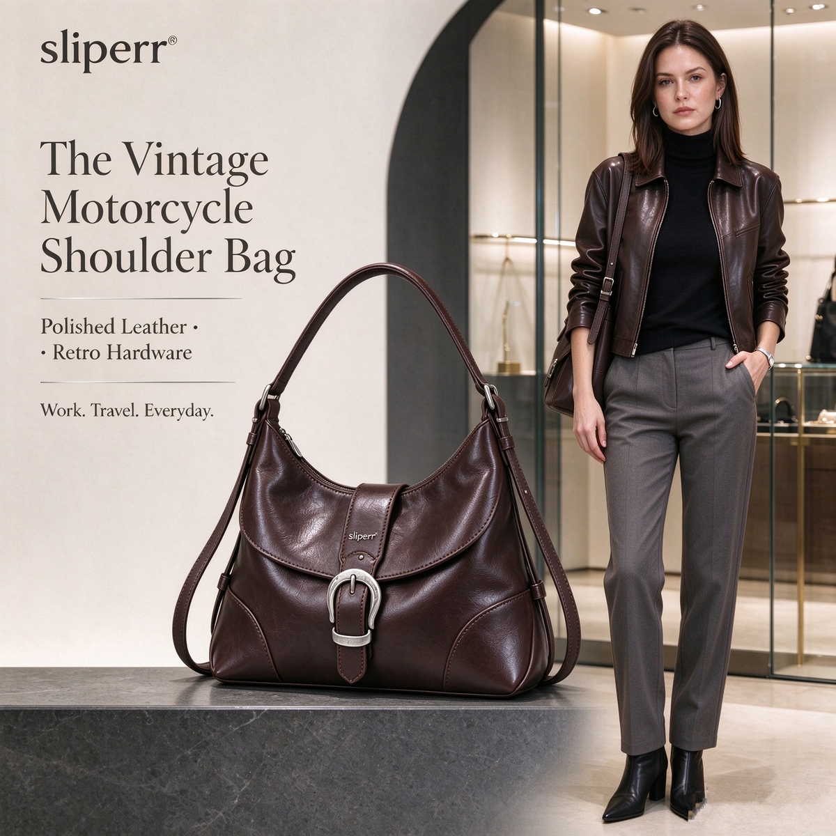 sliperr® Vintage Motorcycle Shoulder Bag — Polished Leather, Retro Attitude