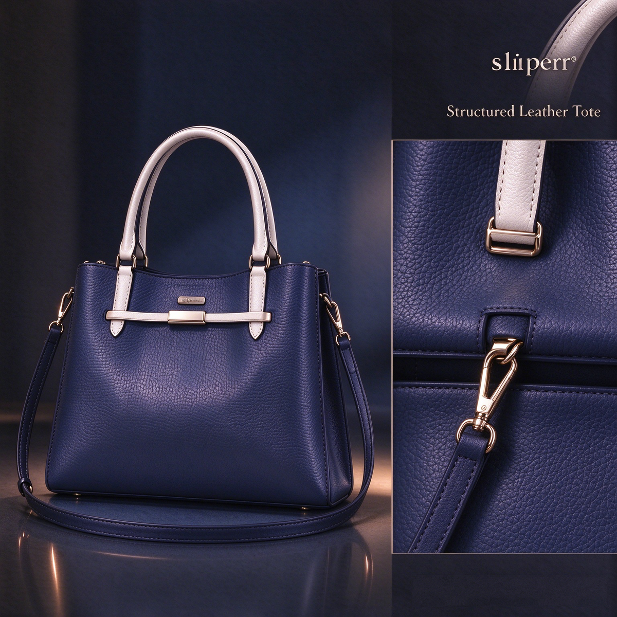 sliperr® Women's Navy Leather Tote Bag, Elegant Top Handle Shoulder Purse, Versatile Daily Commuter Handbag for Ladies 30+