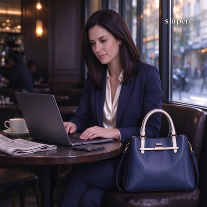 sliperr® Women's Navy Leather Tote Bag, Elegant Top Handle Shoulder Purse, Versatile Daily Commuter Handbag for Ladies 30+