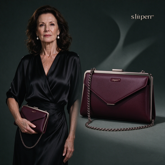 sliperr® Women's Burgundy Leather Frame Clutch Bag, Elegant Chain Crossbody Evening Purse for Formal Occasions