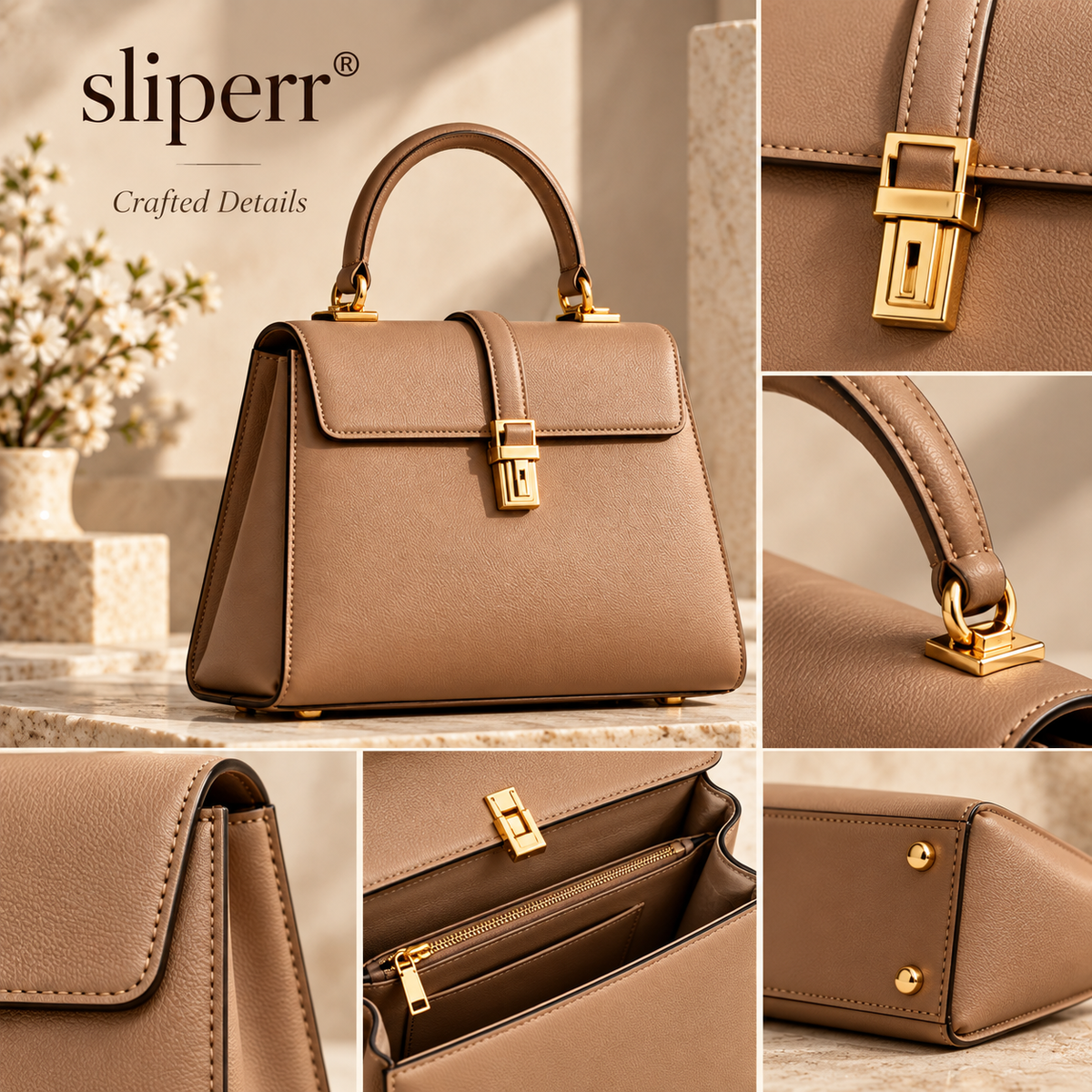 sliperr® Timeless Genuine Leather Top-Handle Bag – Elegant Everyday & Travel Handbag for Women