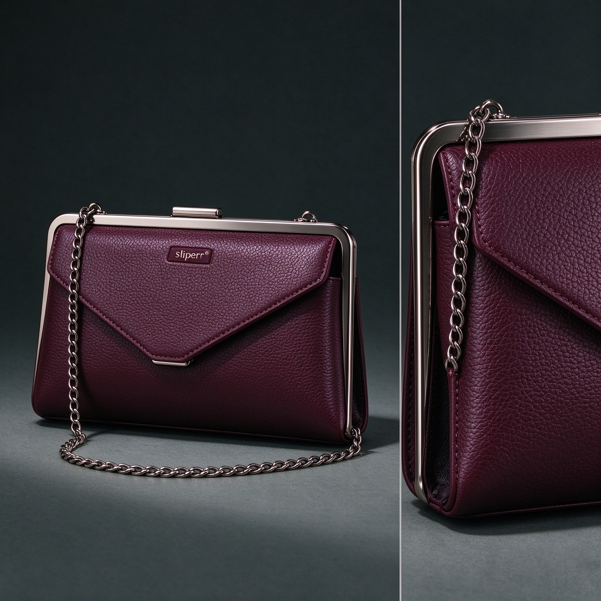 sliperr® Women's Burgundy Leather Frame Clutch Bag, Elegant Chain Crossbody Evening Purse for Formal Occasions