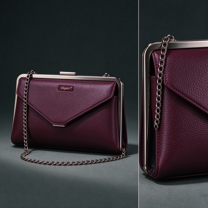 sliperr® Women's Burgundy Leather Frame Clutch Bag, Elegant Chain Crossbody Evening Purse for Formal Occasions