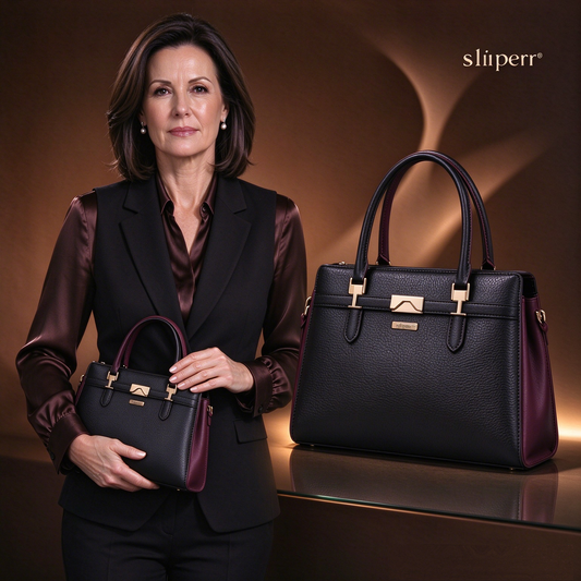 sliperr® Women's Black Leather Satchel Handbag, Elegant Top Handle Purse for Office and Formal Occasions
