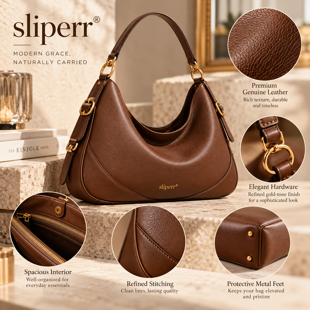 sliperr® Signature Crescent Leather Shoulder Bag – Refined Everyday Elegance for Women